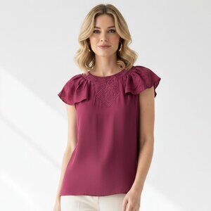 Banana Republic Maroon Jewel Tone Silk Top Size Medium Embroidered Flutter